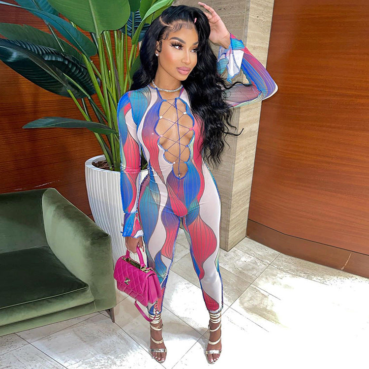 Women's Chic Printed Long-Sleeve Jumpsuit