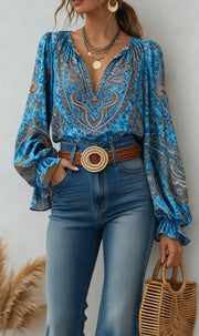 Retro V-Neck Bell Sleeve Long‑Sleeve Top – Casual Chic