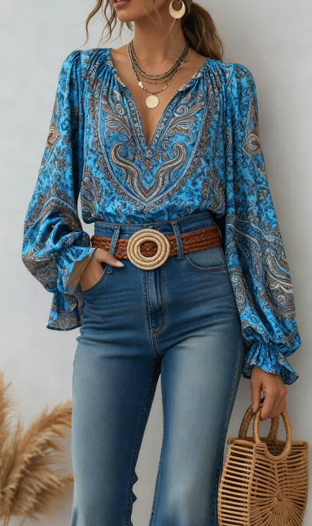 Retro V-Neck Bell Sleeve Long‑Sleeve Top – Casual Chic