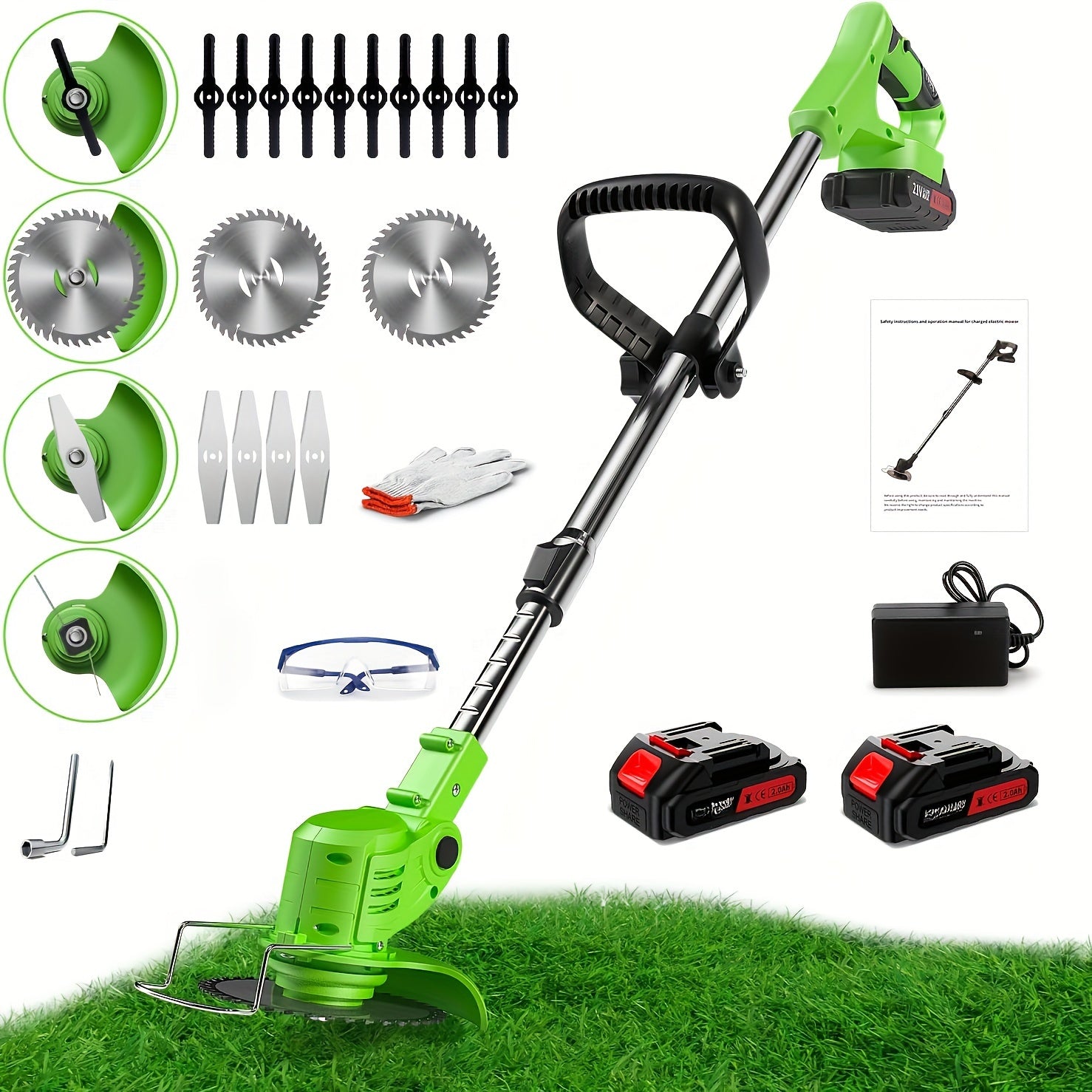 24V Cordless Weed Wacker Brush Cutter – Battery-Powered String Trimmer with 2 Batteries, Charger and 3 Blade Types