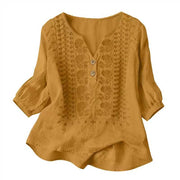 Women's Embroidered Linen Cotton Blouse, V-Neck Half Button  Sleeve Casual Top