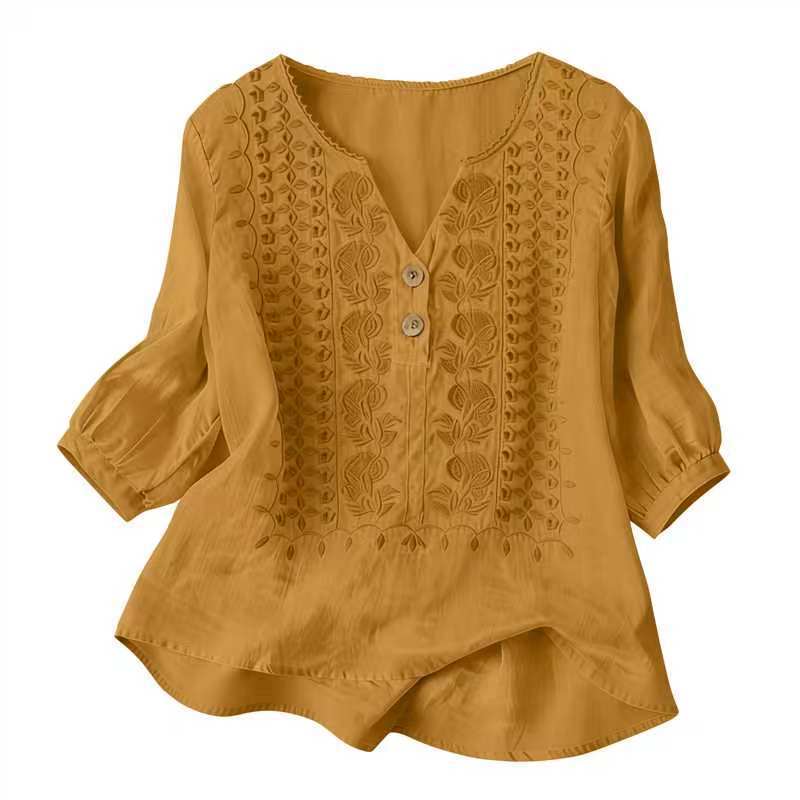 Women's Embroidered Linen Cotton Blouse, V-Neck Half Button  Sleeve Casual Top