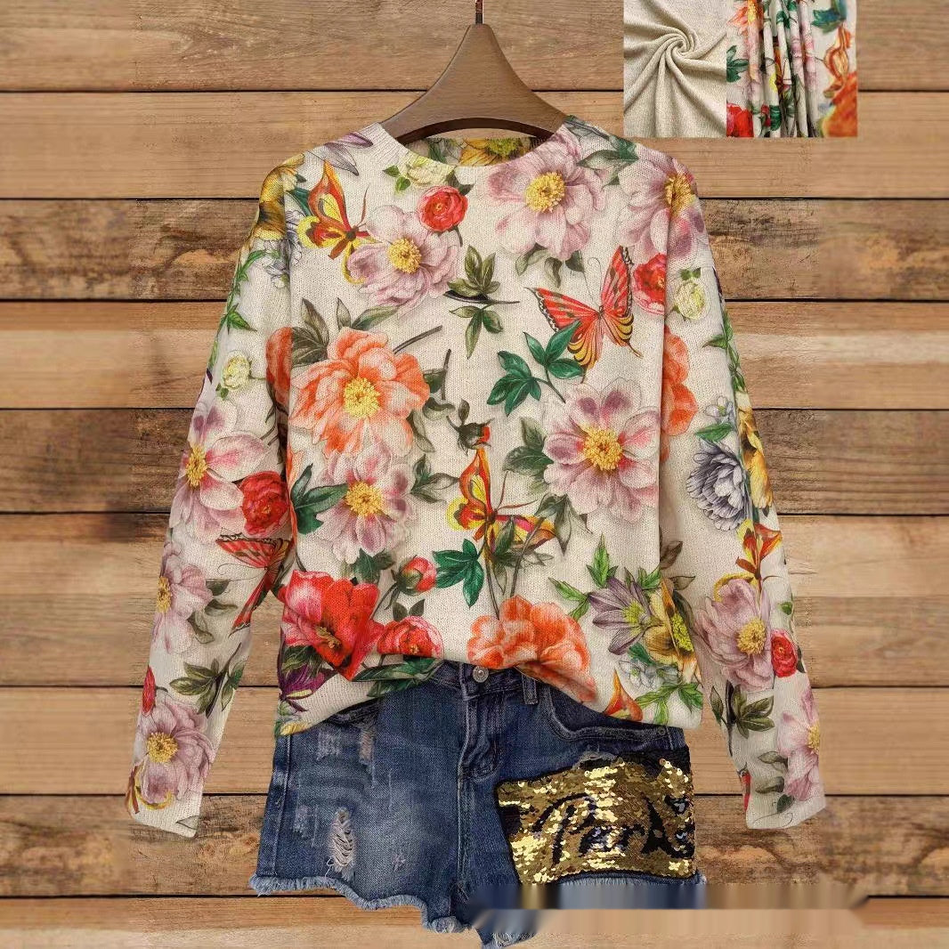 Chic Printed Long Sleeve Knitted Casual Top