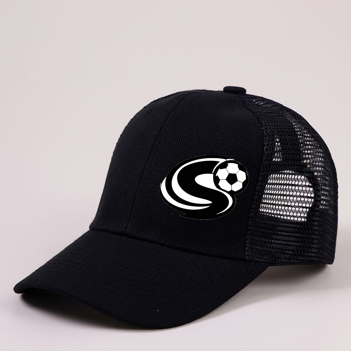 Boys Mesh Baseball Cap with A‑Z Letter and Soccer Ball Print, Unisex Sunvisor, Black
