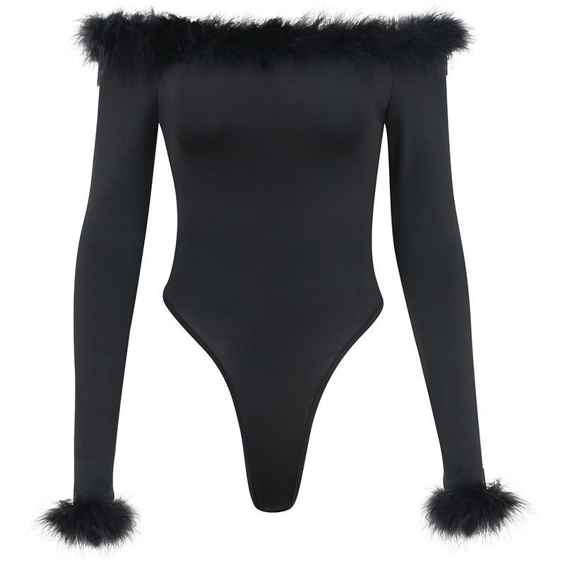 Furry Off-Shoulder Long-Sleeve Jumpsuit
