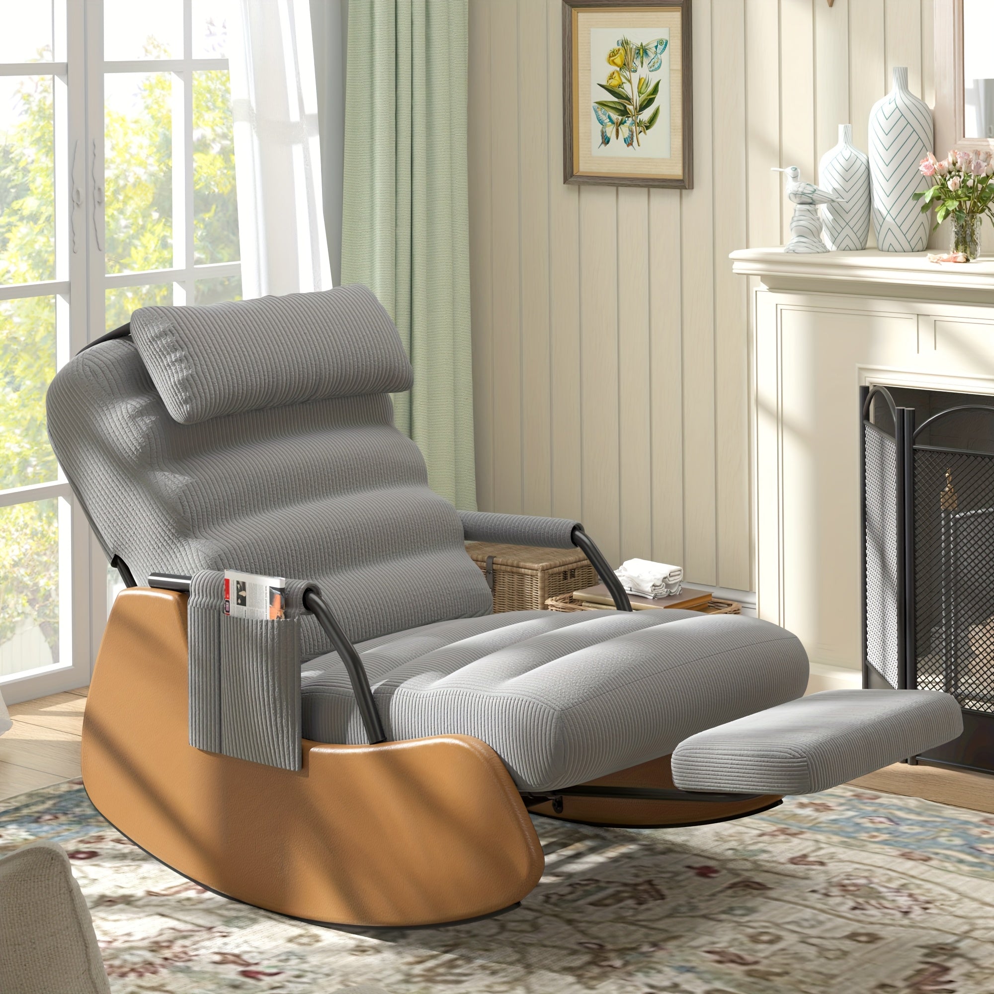 Nursery Glider Rocking Chair with Soft Cushioned Seat and Headrest, Corduroy Upholstery, Manual Rocker, Side Pocket – Dark Grey/Black