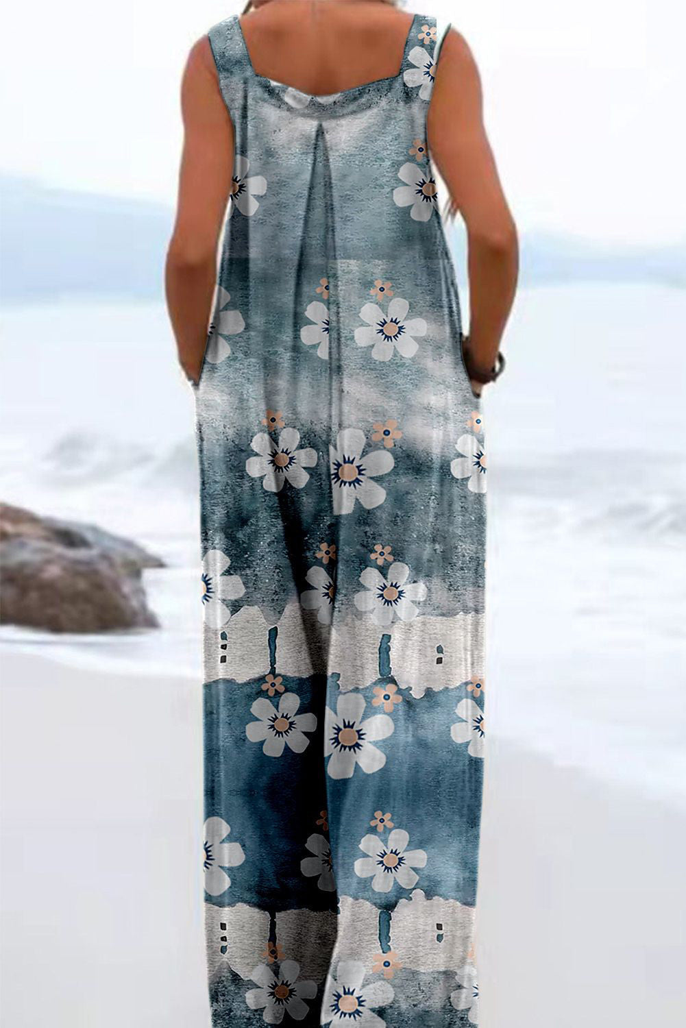 Chic Digital Print Button Romper with Wide Legs