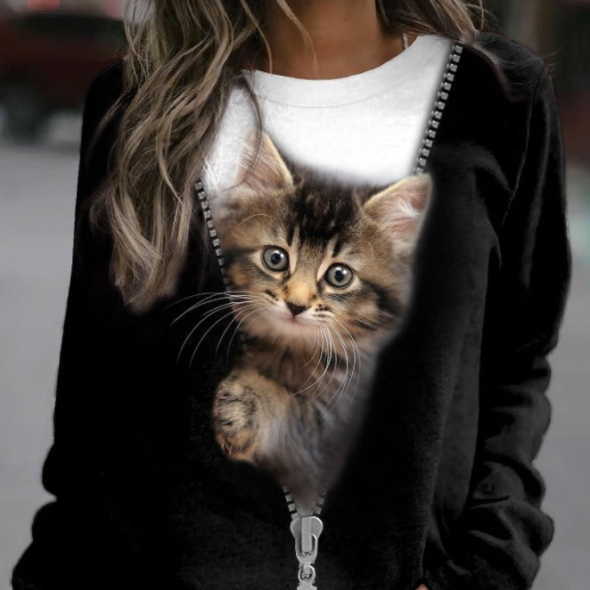 Cute Cat Print Casual Round Neck Pullover Sweatshirt