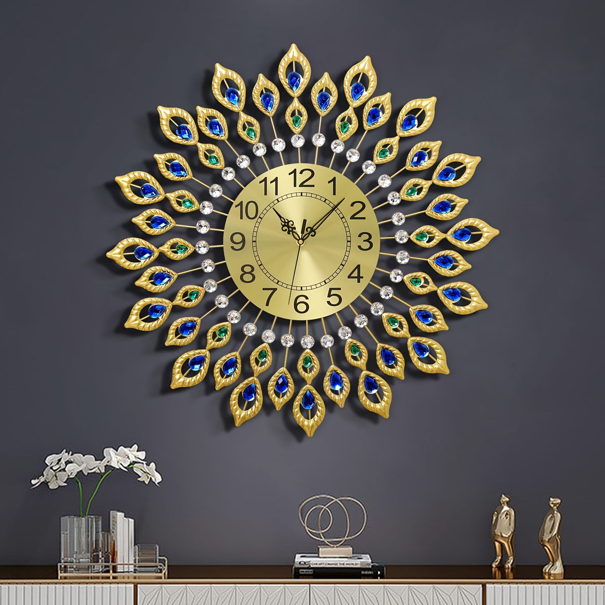 24.0 Inch Luxury Golden Large Wall Clocks for Living Room Decor, Elegant 3D Modern Peacock Crystal Wall Clock Battery Operated Non-Ticking Silent Big Wall Clocks, Diamond Round Mid-Century Metal Clocks for Home Kitchen Decoration