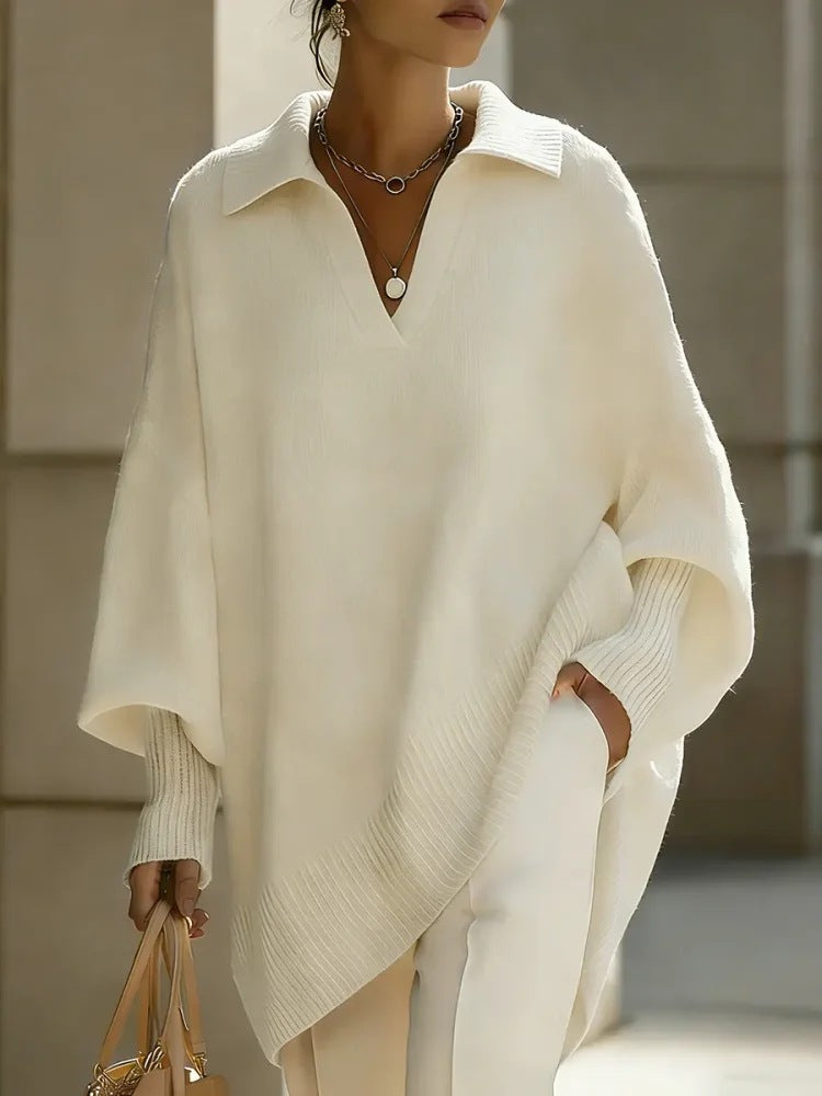 Lapel-collar Loose-fit Solid-color Sweater with Lantern Sleeves