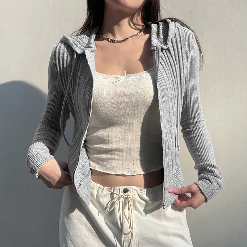 Cozy Grey Hooded Knit Cardigan with Zipper