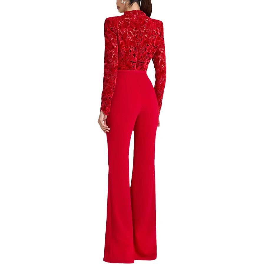 Long-sleeve Belted Jumpsuit With Flared Pants