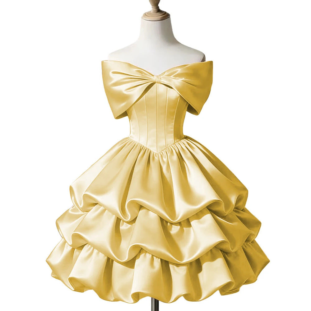 One-shoulder Satin Puff Skirt with a Bow Short-length Waist-cinching Designperfect for Everyday Wear