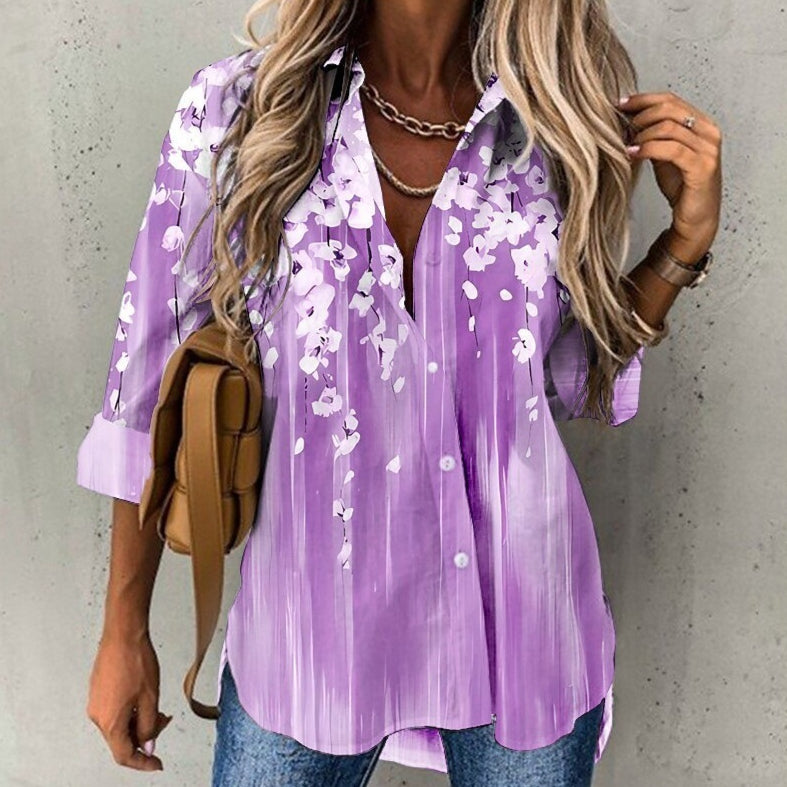 Floral Print Plus-size Long-sleeve Shirt