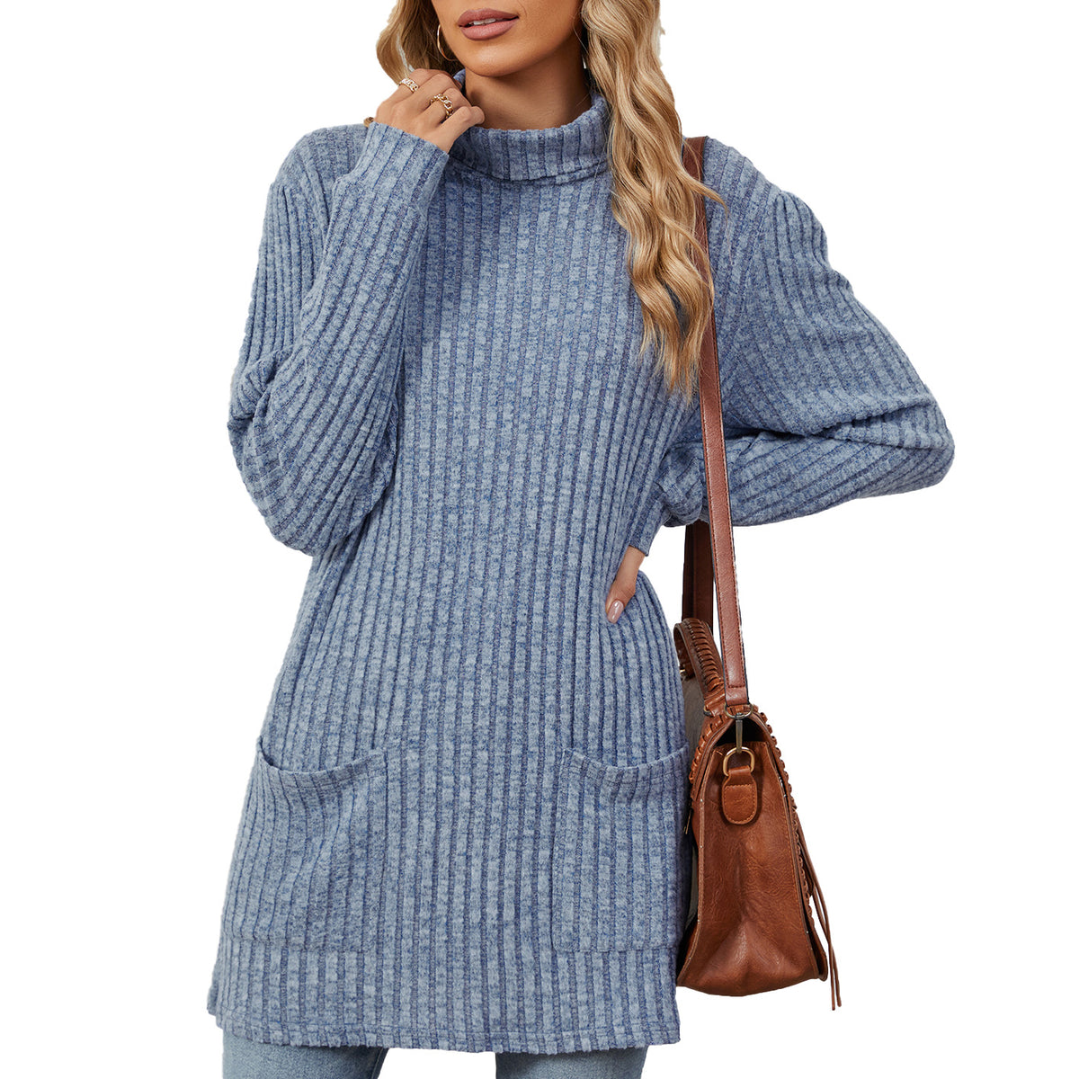 Mock-neck Long-sleeve Casual Womens Top with Pockets
