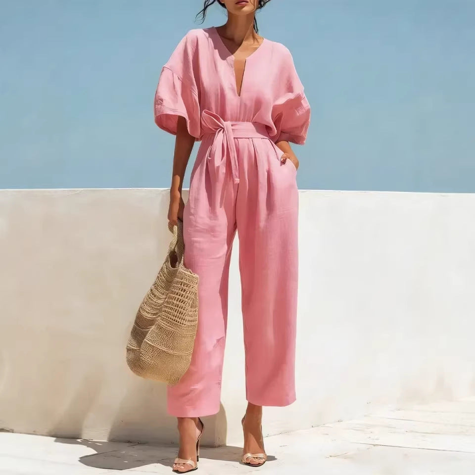 Women's Cotton Linen V-Neck Wide-Leg Jumpsuit