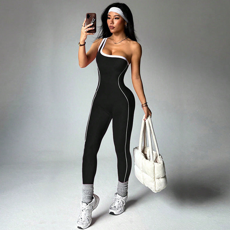 Womens Fashionable One-Shoulder Strappy Sports Jumpsuit