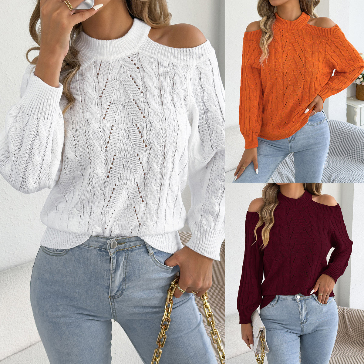 Autumnwinter Casual Solidcolor Hollowout Offshoulder Longsleeve Sweater
