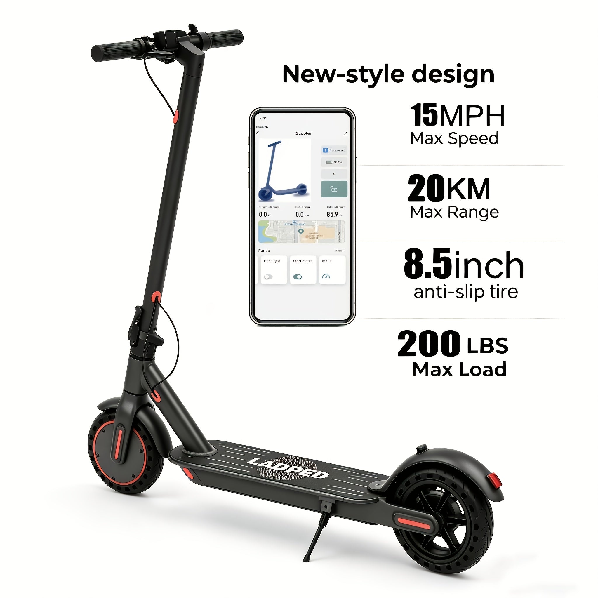 Foldable Adult Electric Scooter with 350W Motor, 8.5" Anti-Slip Solid Tires, Smart App and LCD Dashboard, 3 Adjustable Speeds, Dual Safe Brakes, LED Headlight and Taillight, Built-in Bell, Aluminum Alloy Frame, 265 lb Max Load