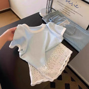 Lace-Trimmed Hollow Short Sleeve Top – Lightweight Knit