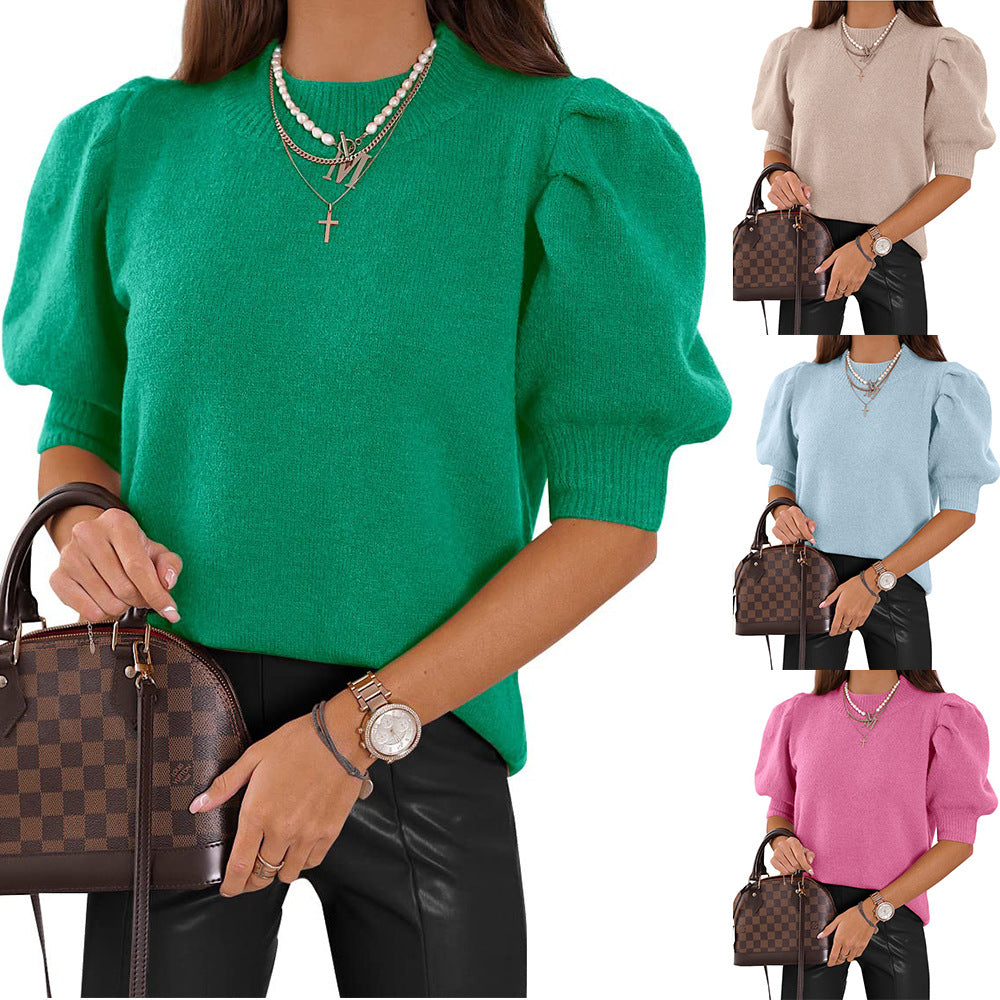 Casual Puff-Sleeve Crew Neck Sweater – Soft, Loose Fit