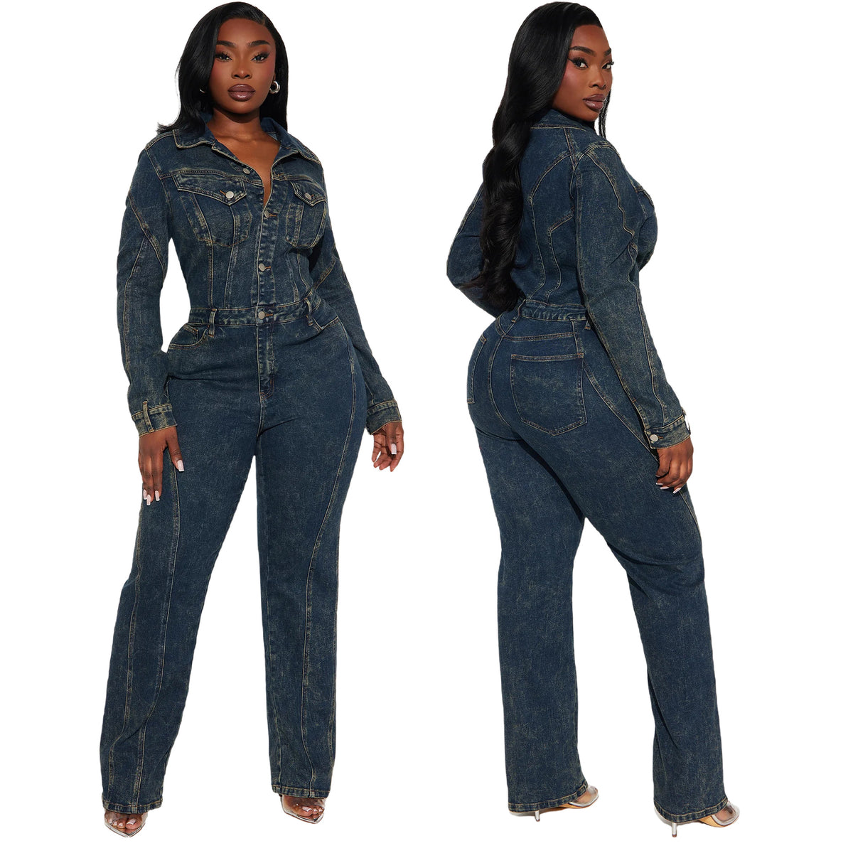 Washed Distressed Long-Sleeve Denim Jumpsuit