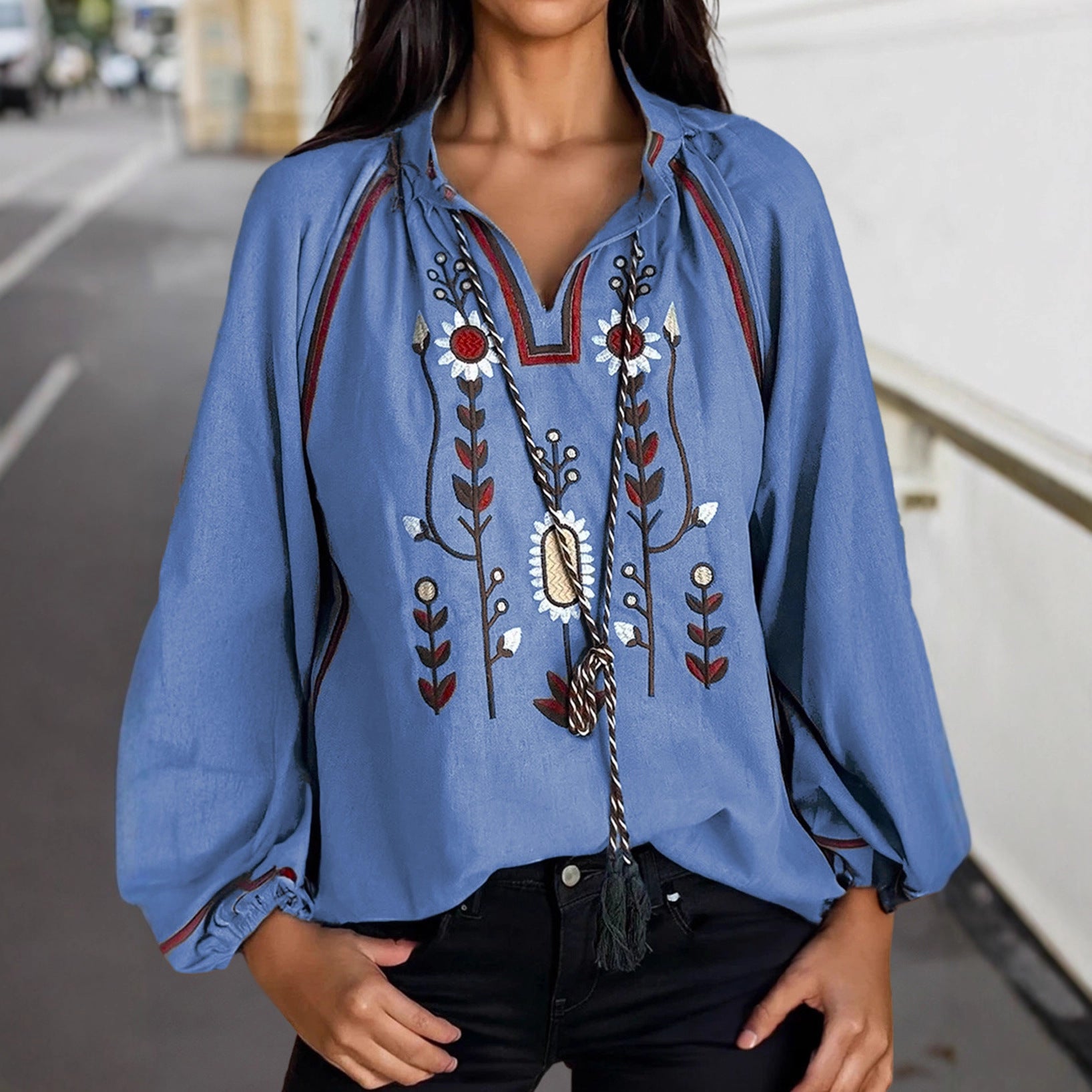 Women's Round Neck Embroidered Casual Chiffon Shirt