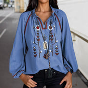 Women's Round Neck Embroidered Casual Chiffon Shirt