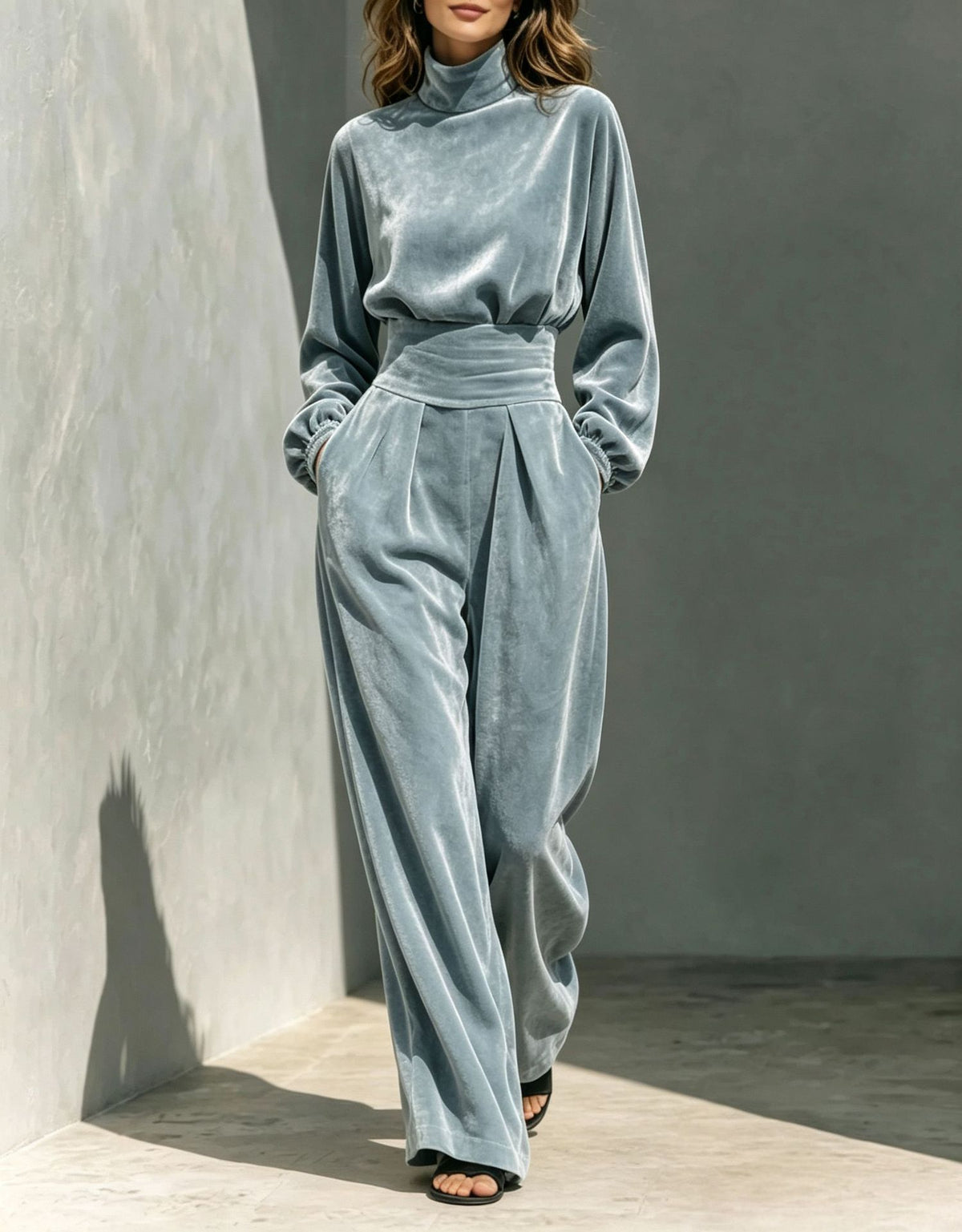 Velvet Turtleneck Belted Wide-Leg Jumpsuit