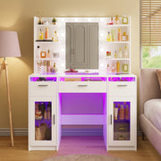 WHONLINE Vanity Desk with Mirror And Light, Makeup Vanity with Power Strip And 10 Lights, Makeup Table with 2 Drawers And 1 Storage Cabinet, Vanity Mirror 3 Lighting Color Adjustable, Heavy Duty Dresser, White, for Halloween And Christmas