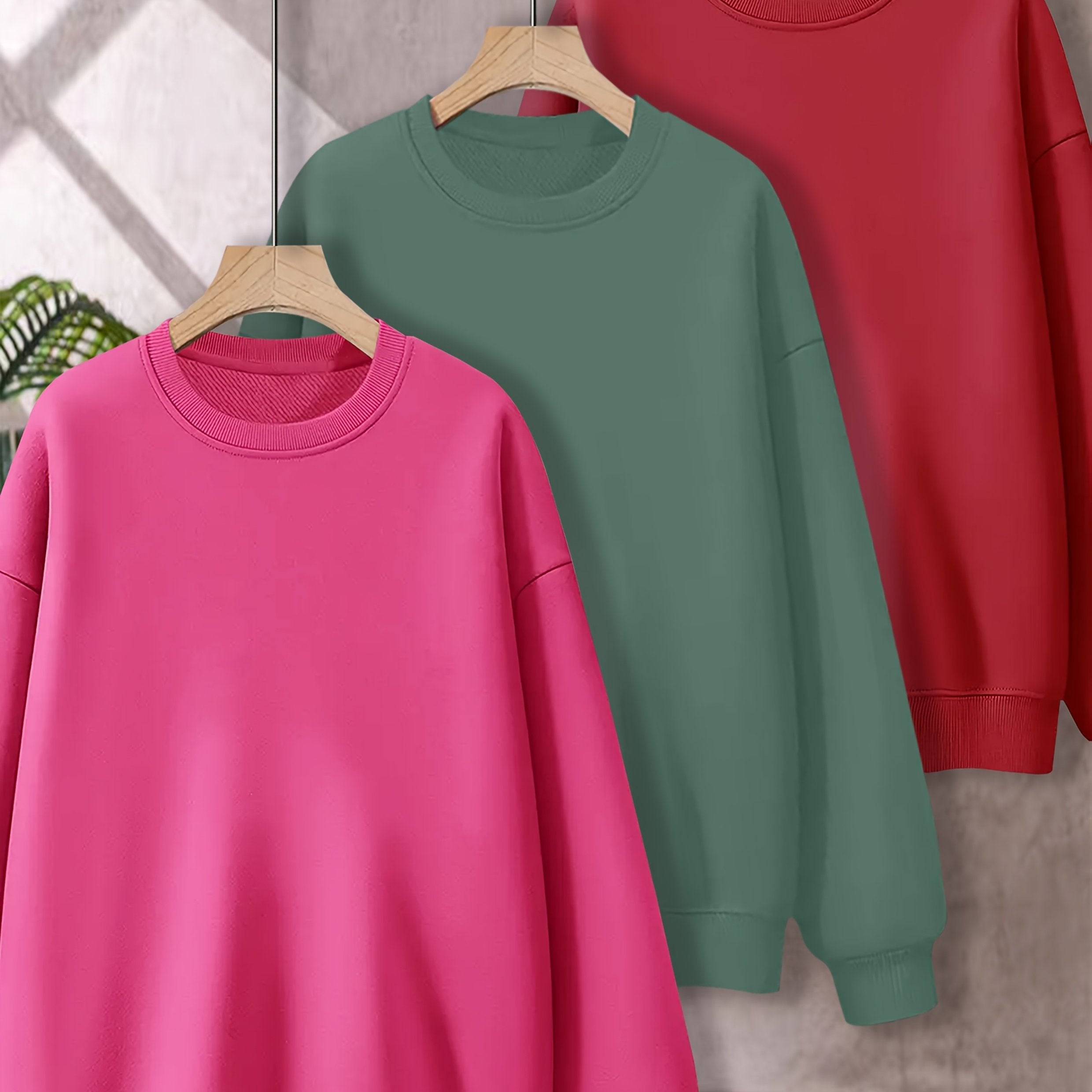 Plus Size 3‑Piece Sweatshirt Set – Women's Casual Crew Neck, Solid Color