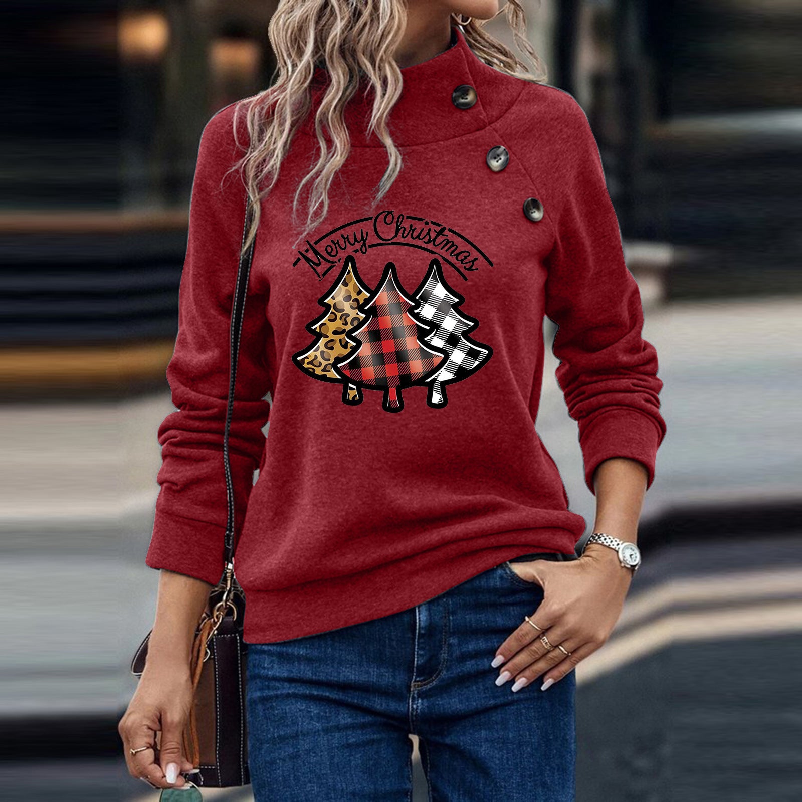 Cartoon Turtleneck Buttons Christmas Printed Sweater For Women