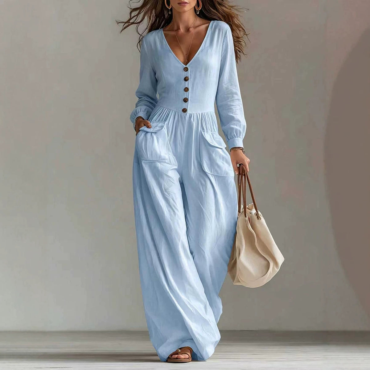New Autumnwinter Casual Chic Womens V-neck Long-sleeve Jumpsuit With Pockets