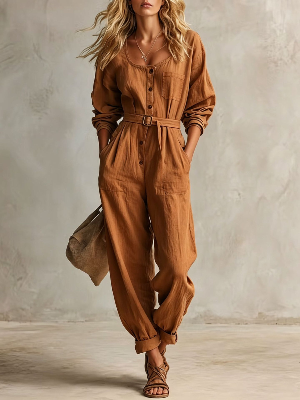 Women's Elegant Square Neck Long Sleeve Linen Jumpsuit