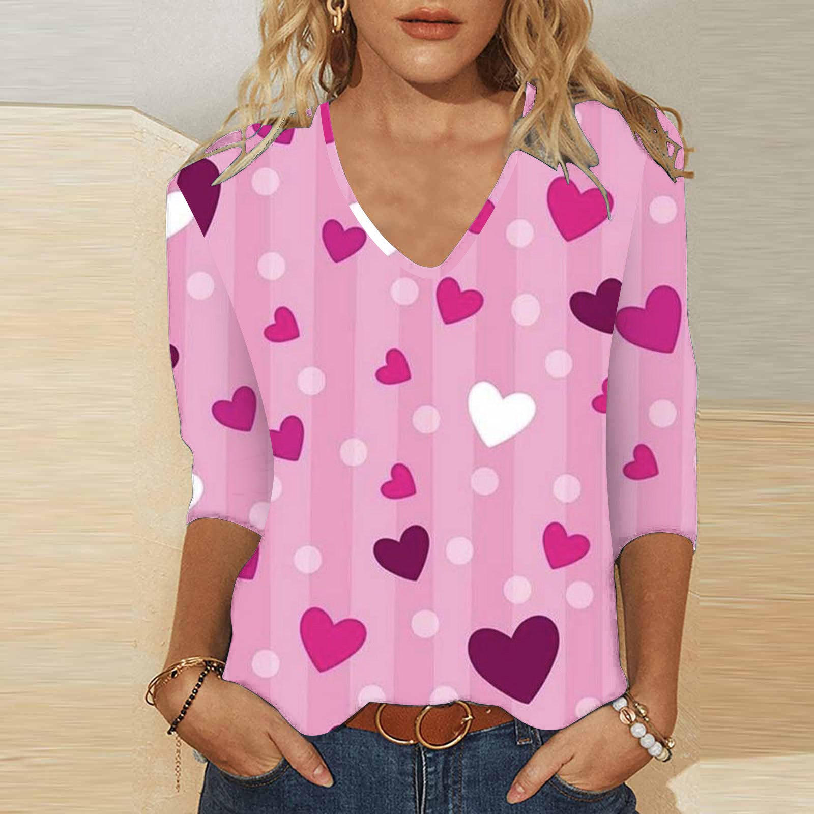 Cute Valentine's Heart V-Neck 3/4 Sleeve Casual T-Shirt