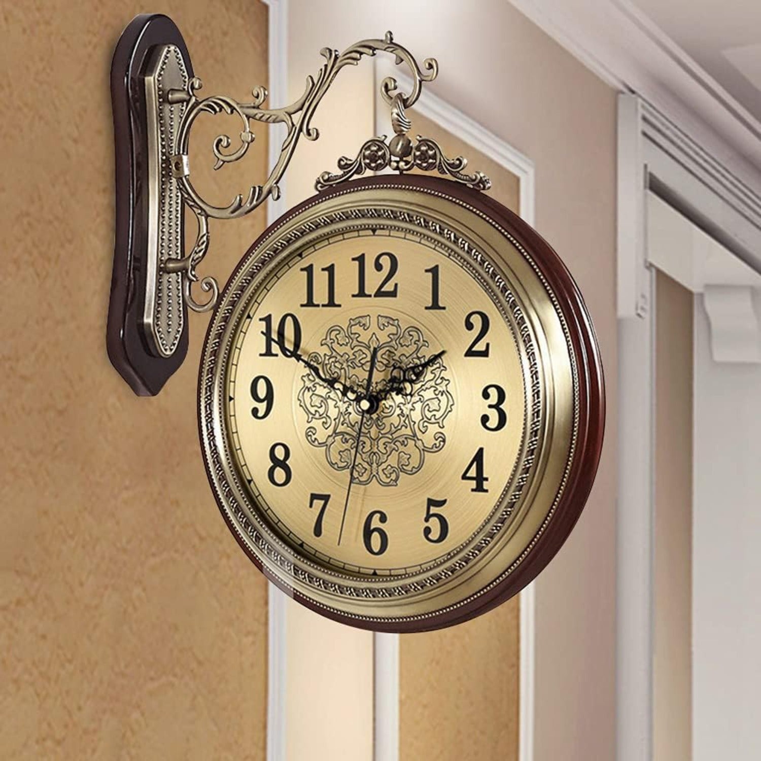 Goodslinesshop Large Wall Clock Double Sided, European Style Double Sided Alloy Wall Clock 360° Rotating Metal Wall Watch Non Ticking Silent Clock for Indoor Outdoor Office Living Room Porch Clock Wall Decor