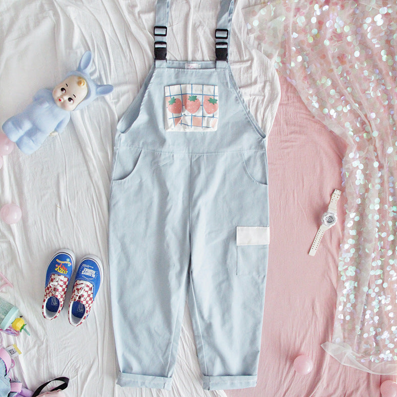 Girly Japanese small cream strawberry high waist jumpsuit