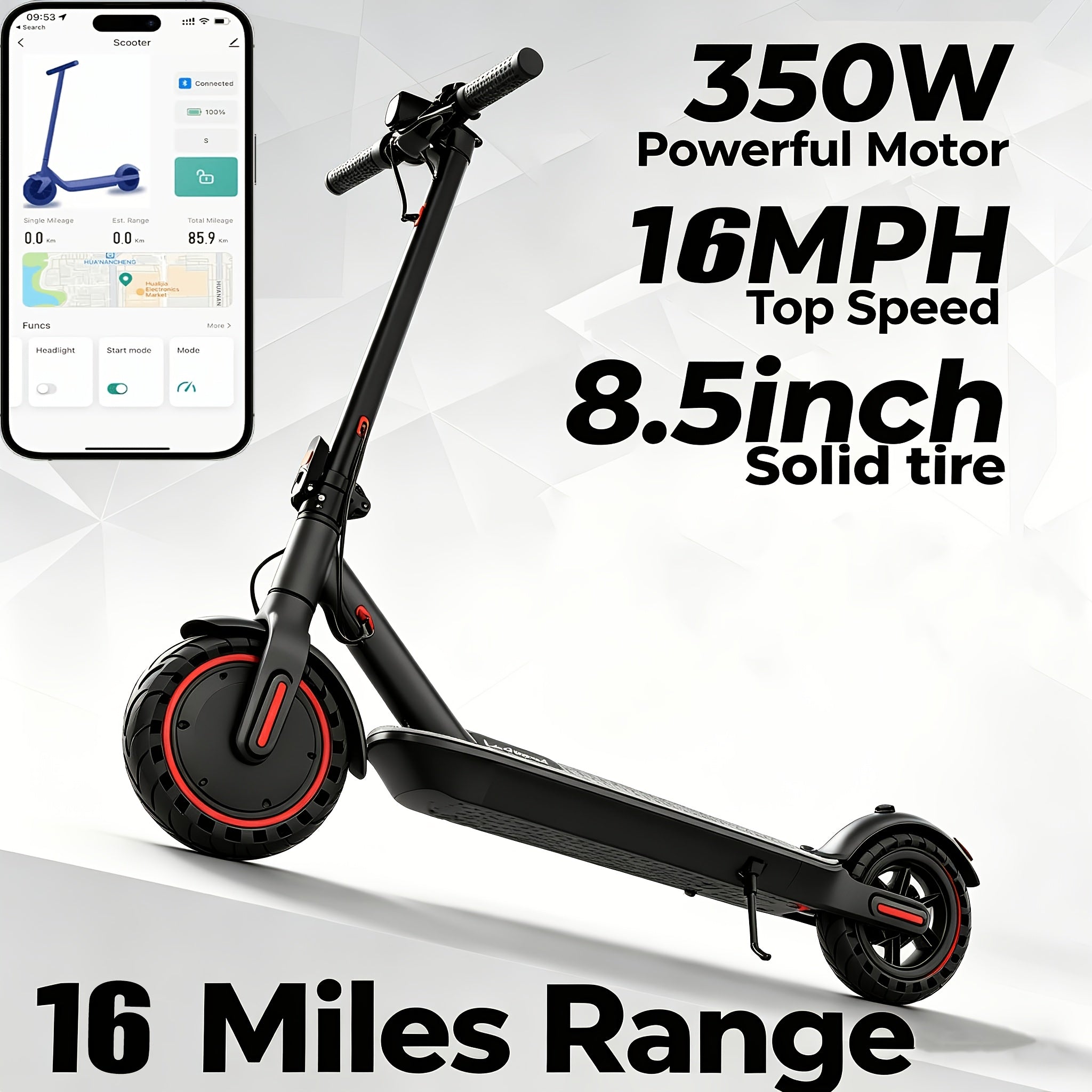 Folding Electric Scooter with Optional 350W or 500W Motor, High-Capacity Battery, Anti-Skid Solid Tires, Long Range, Adjustable Speed up to 20 MPH, Designed for Adult Commuting