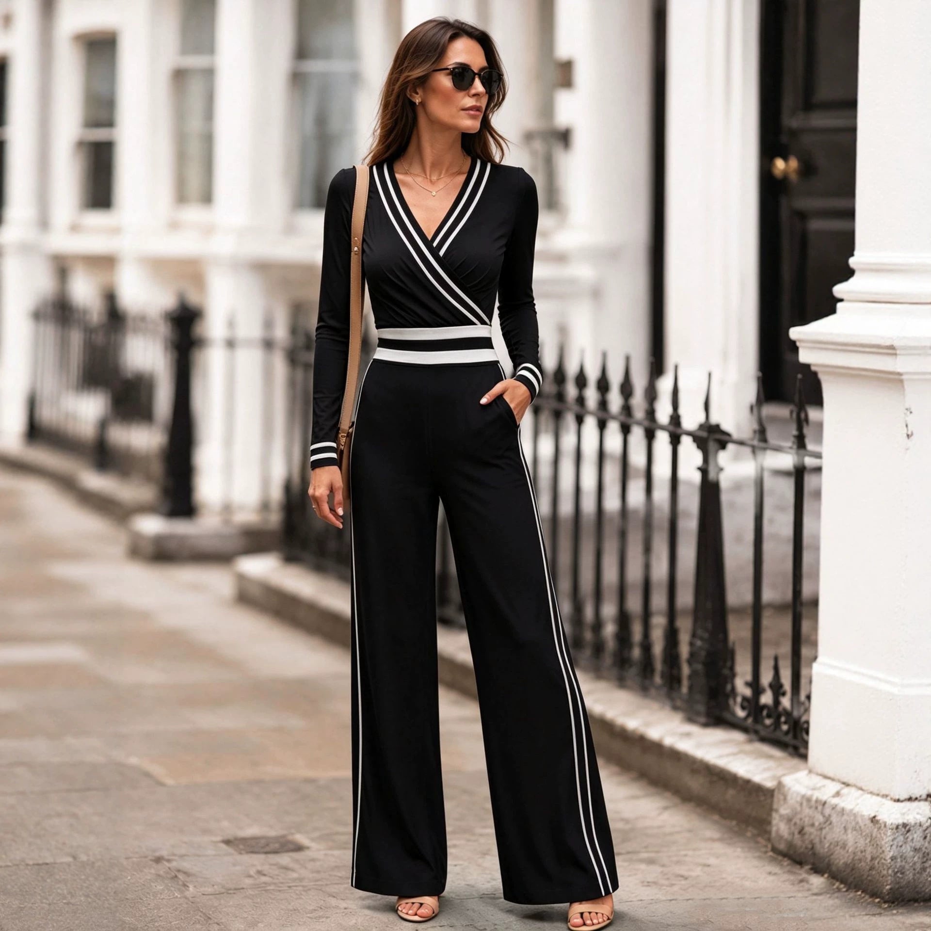 High-Waisted Color-Block Long Sleeve Jumpsuit
