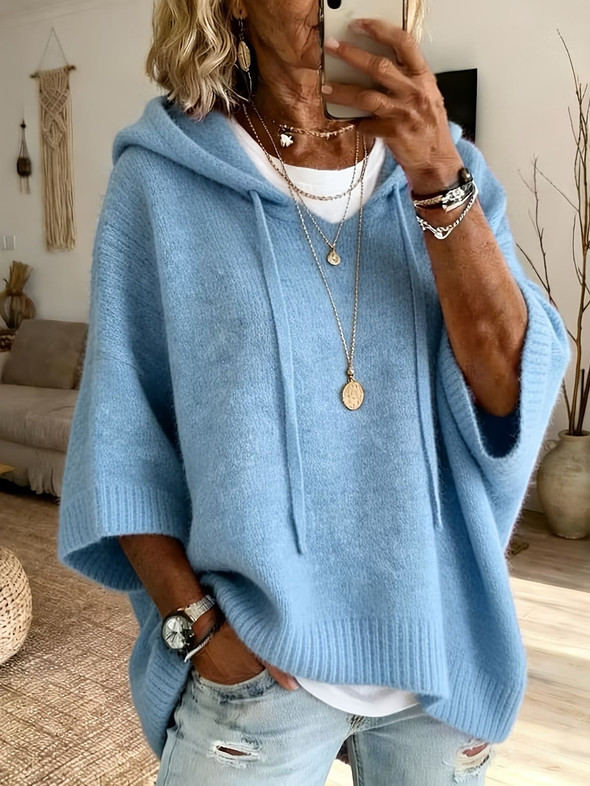 Womens Knitted New-style Hooded Drawstring Sweater