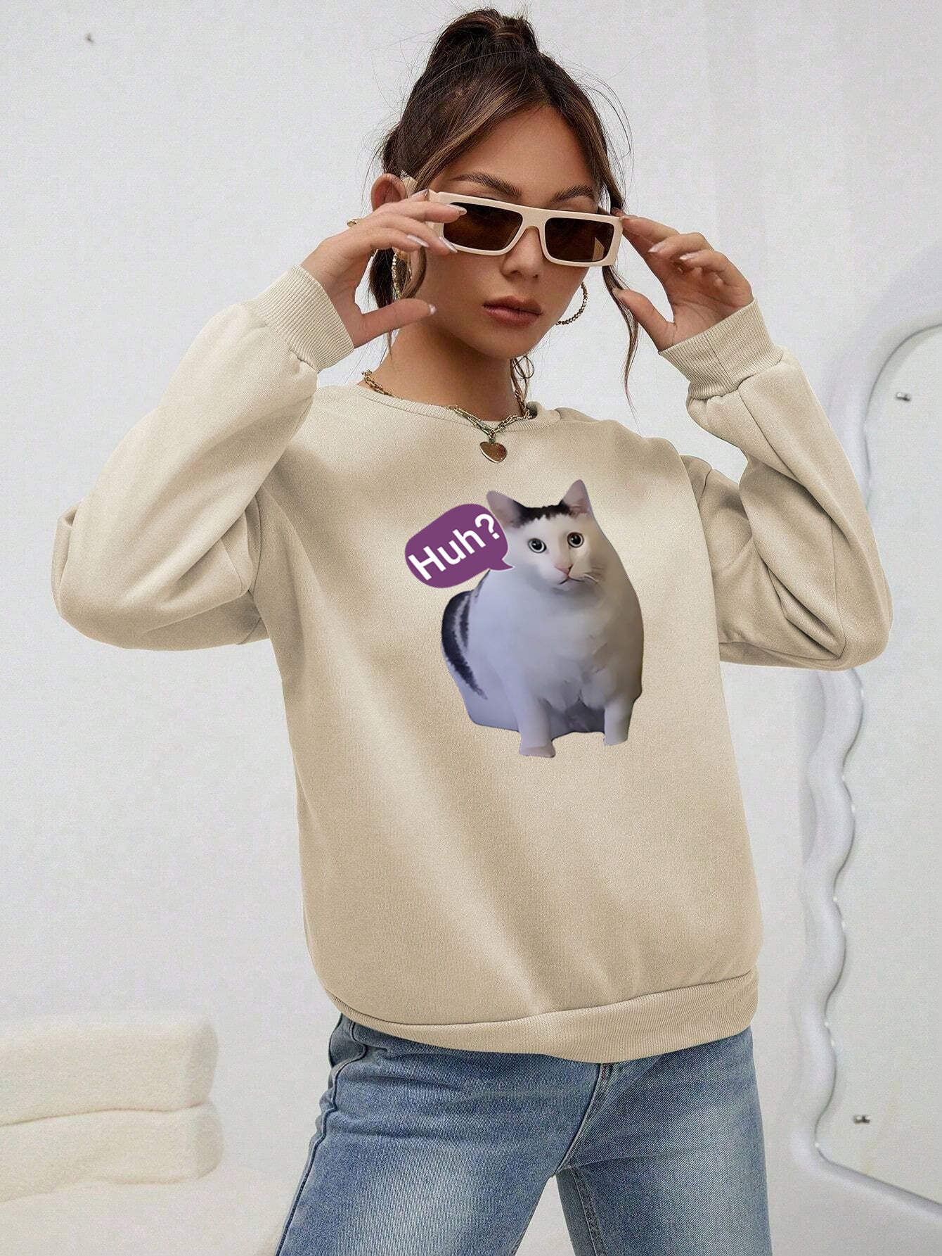 Cute Cat Print Women's Casual Pullover Sweater