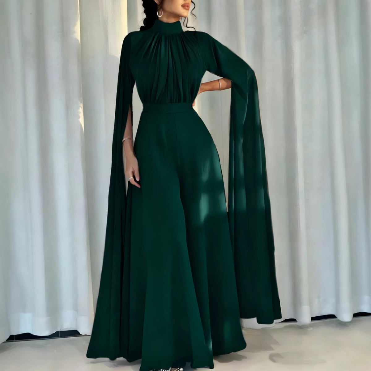 Elegant Long-Sleeve Wide-Leg Flare Jumpsuit