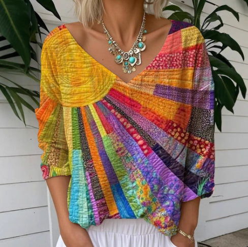Women's Printed V-Neck Casual Long-Sleeve Top