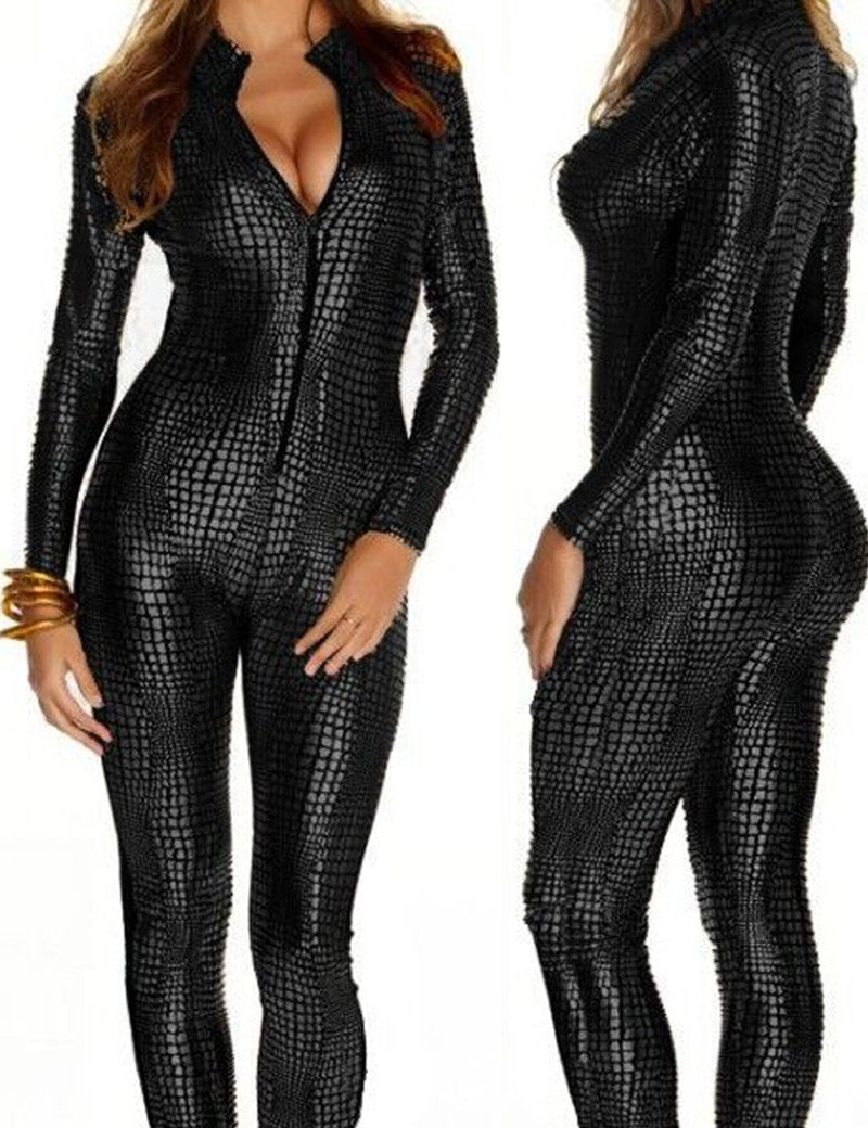 Women's Faux Leather Snake Print Club Jumpsuit
