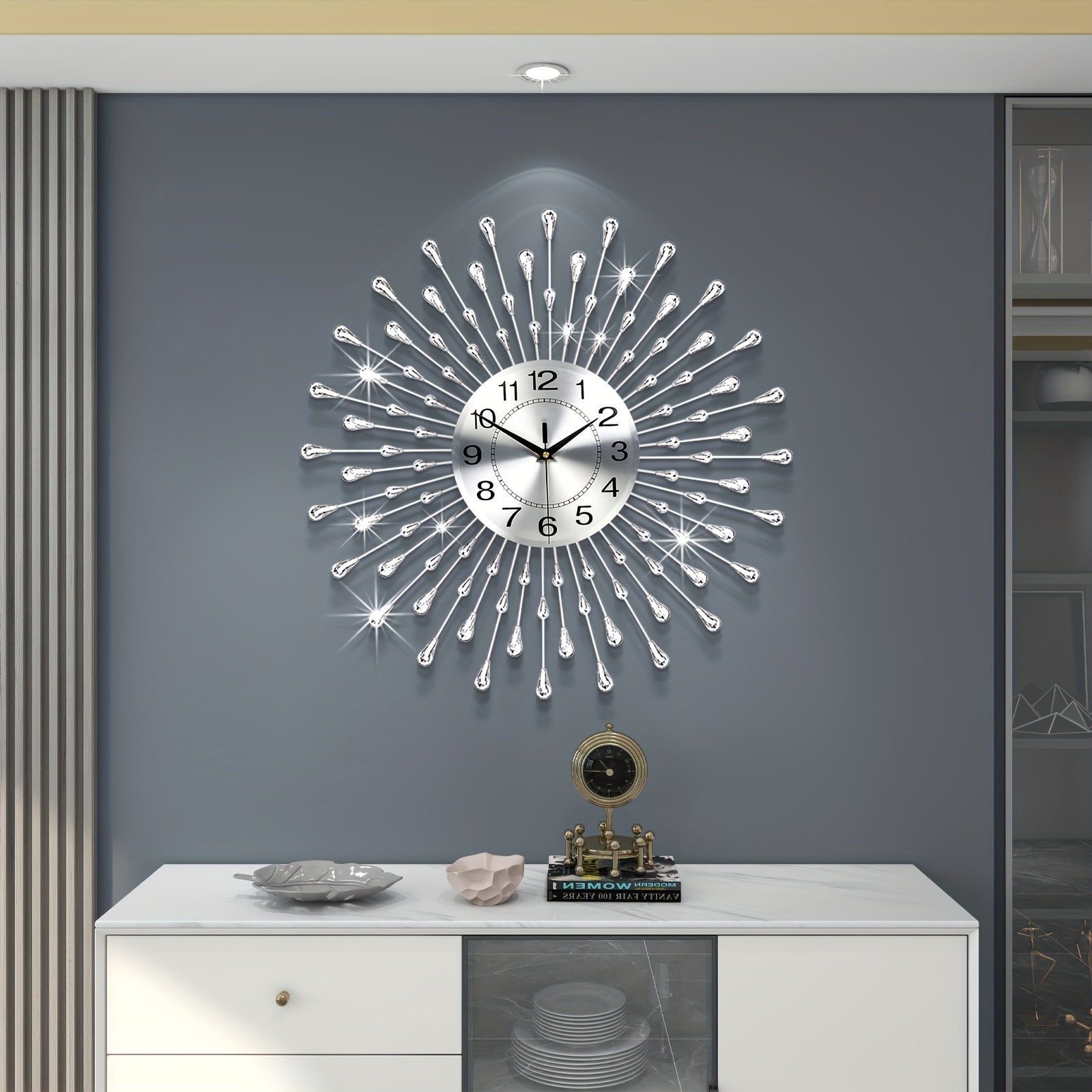 Large Wall Clocks For Living Room Decor Modern Decorative Silver Silent Wall Clock Battery Operated Non-Ticking For Bedroom Kitchen Office Home 24 Inch Big Crystal Clocks Wall Decor For House