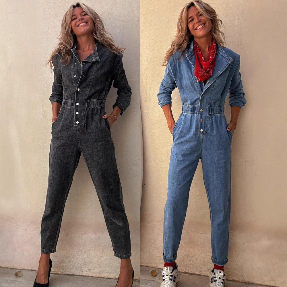 Washed Denim Utility Jumpsuit with Pockets