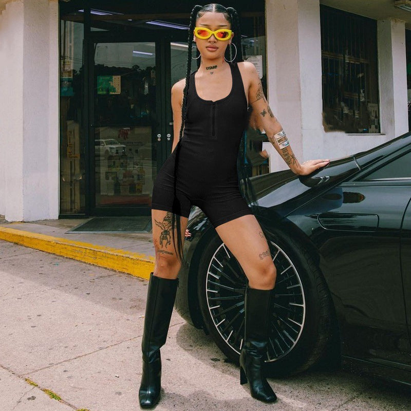 Solid Color Small Sunken Stripe Halter Low Collar Low-cut Zipper Design Tight Jumpsuit