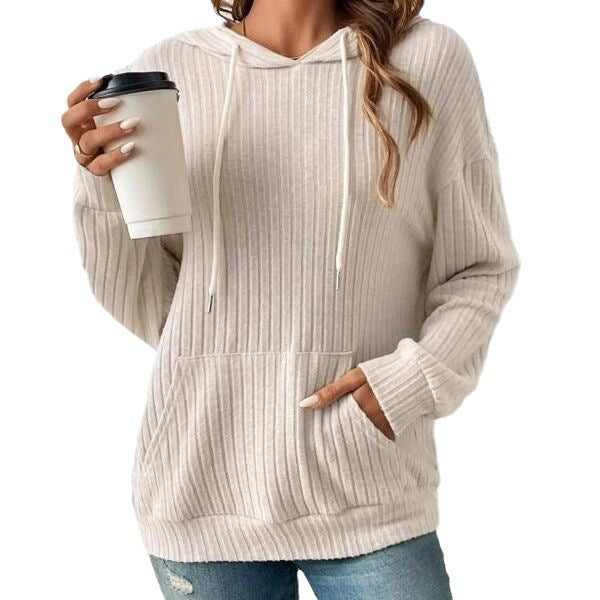 Women's Striped Knit Hoodie with Pockets & Drawstring