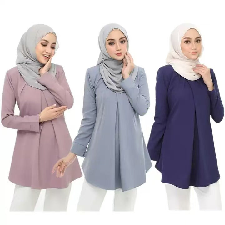 Malaysia Round Neck Elegant Top Solid Color Nine-quarter Sleeve Shirt