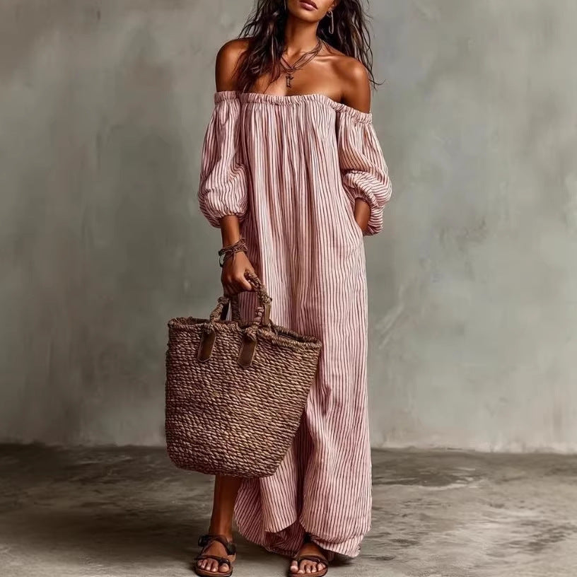 Women's Casual Loose-fit Off-shoulder Striped Dress